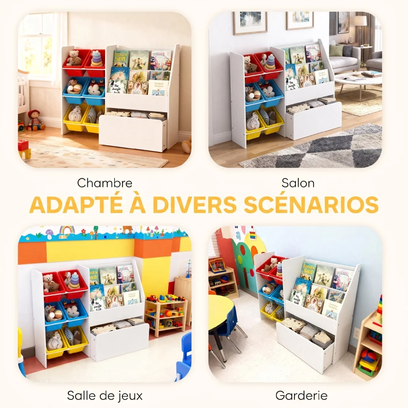 AIYAPLAY Meuble rangement enfant rangement jouets enfant 6 bacs amovibles et grand coffre à roulettes 100x30x80cm multicolore