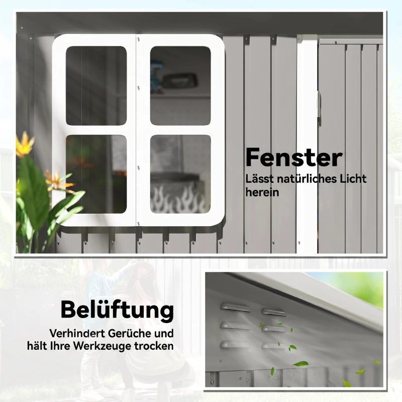 Outsunny Metallschuppen zur Aufbewahrung von Gartengeräten, mit Fenster, breite Tür, 260 x 177 x 190 cm, Hellgrau