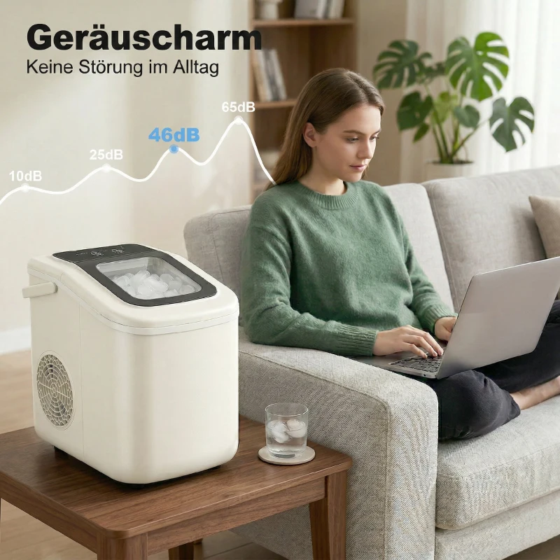 HOMCOM Tragbare Eiswürfelmaschine mit Selbstreinigung, Eisschaufel & Korb, 12 kg/24 Std., Beige