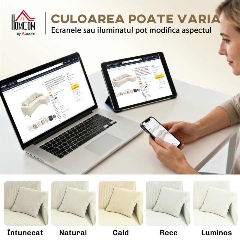 Canapea HOMCOM catifea crem, 3 locuri