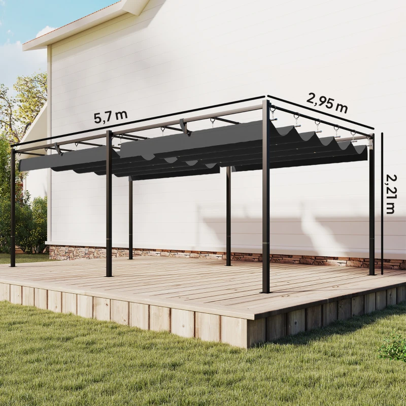 Outsunny Pérgola de Jardín 6x3 m con Techo Retráctil Protección UPF50+ Drenaje Cenador de Jardín para Patio Exterior Gris Oscuro