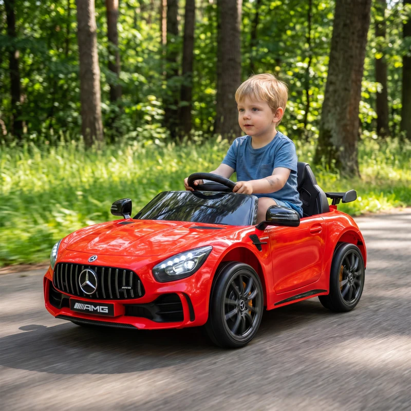 AIYAPLAY Coche Eléctrico para Niños de +3 Años Mercedes-Benz AMG GTR con Batería 12V Mando a Distancia Faros Bocina Música Rojo