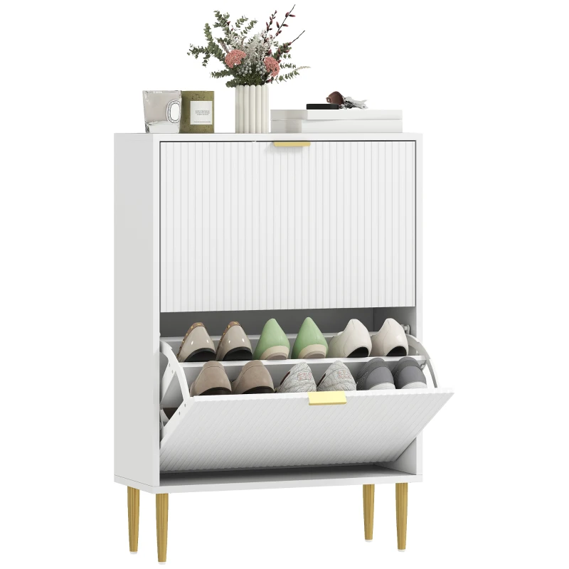 HOMCOM Meuble à chaussures 12 paires avec 2 tiroirs rabattables, portes cannelées et étagères réglables, 60x24x91,5cm, blanc