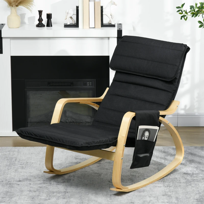 HOMCOM Silla Mecedora con Reposapiés Ajustable en 5 Posiciones Bolsillo Lateral Reposabrazos de Madera Reposacabezas Negro