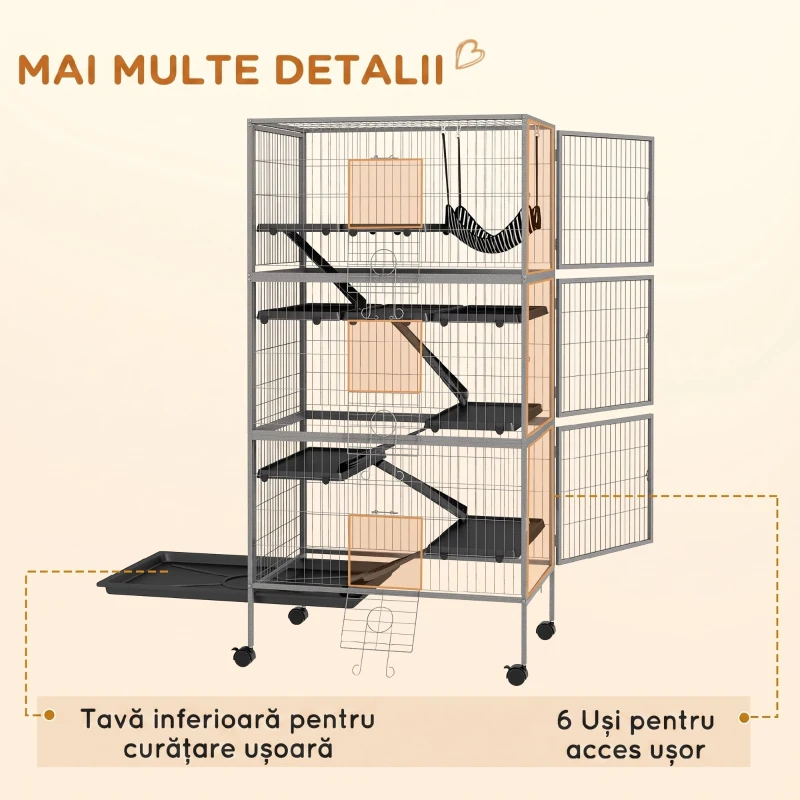 PawHut Cușcă pentru Iepuri cu 4 Intrări pe Niveluri Multiple cu Hamac, din Oțel și PP, 80x52x159 cm