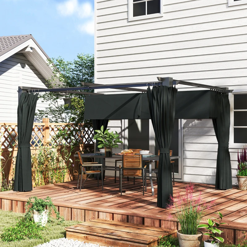 Outsunny Pérgola con Techo Retráctil 4x3 m Cenador con Paredes Laterales Anti-UV Resistente al Agua para Jardín Patio Gris Oscuro