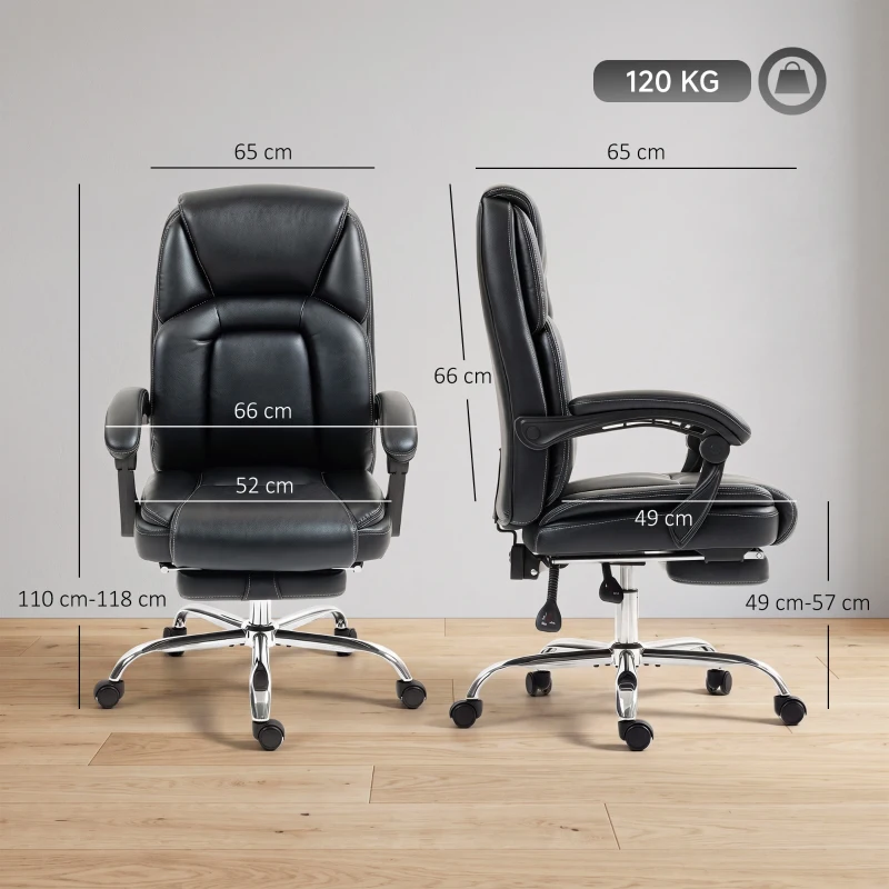 HOMCOM Scaun de birou rabatabil cu suport pentru picioare retractabil, din piele PU, capacitate de 120 kg, negru