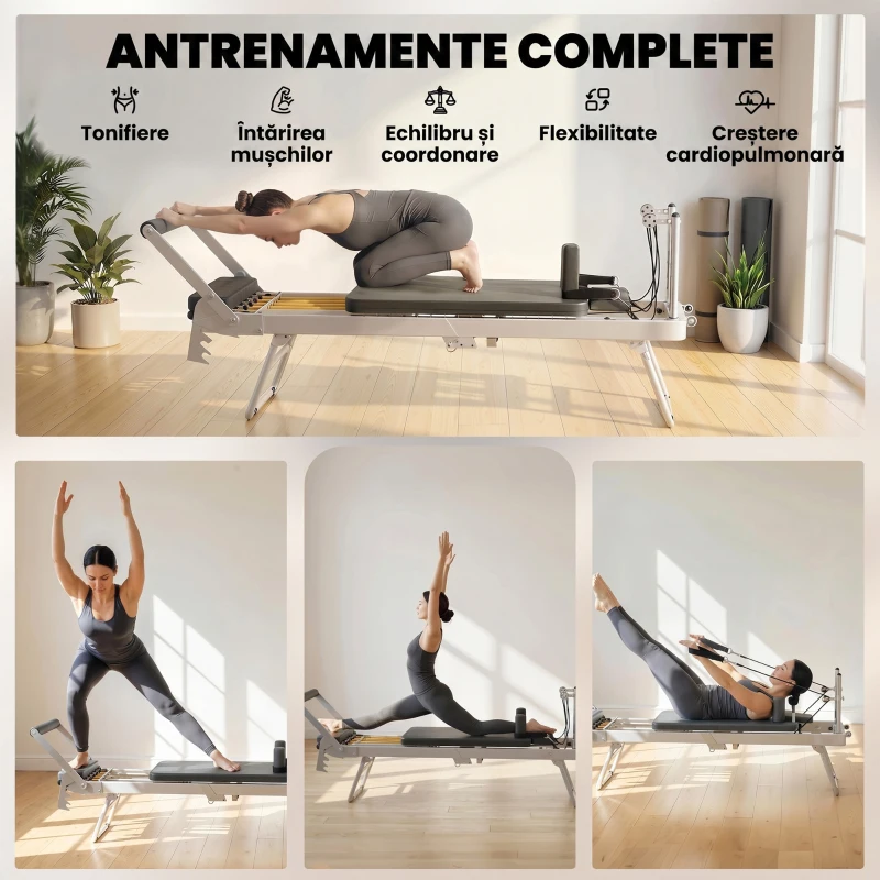 SPORTNOW Reformer Pilates Pliabil pentru Acasă cu 2 Benzi Elastice, Alb