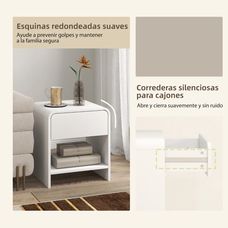 HOMCOM Juego de 2 Mesitas de Noche Nórdicas con Esquinas Redondeadas Cajón y Estante Abierto 40x35x45 cm Blanco