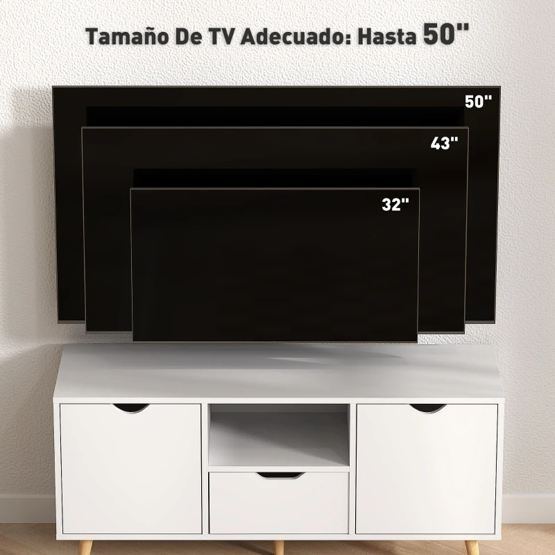 HOMCOM Mueble de TV con Cajón 2 Puertas y Estante Abierto Patas de Madera para Televisores 50 Pulgadas 110x40x50 cm Blanco