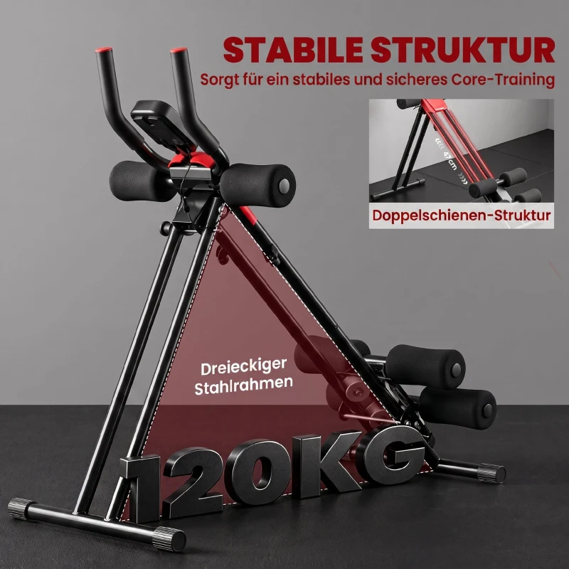 SPORTNOW Trener mięśni brzucha, składany trener mięśni brzucha z wyświetlaczem LCD, podwójne prowadnice udźwig do 120 kg, stal, czerwony