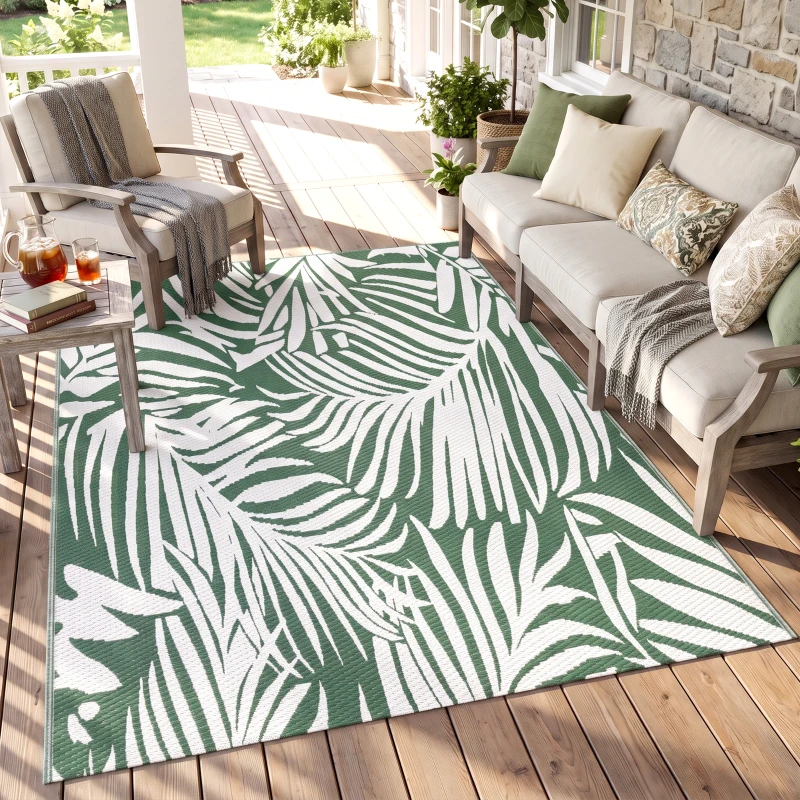 Outsunny Outdoor Teppich Wendbares Wetterfest Outdoorteppich Carpet mit Blätter-Muster, 152 x 243 cm Dunkelgrün