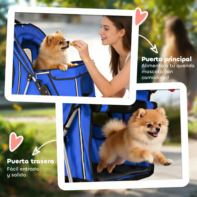PawHut Carrito para Perros Pequeños con Cesta de Almacenaje Portavasos Ruedas y Cojín Lavable 77x44x102 cm Azul