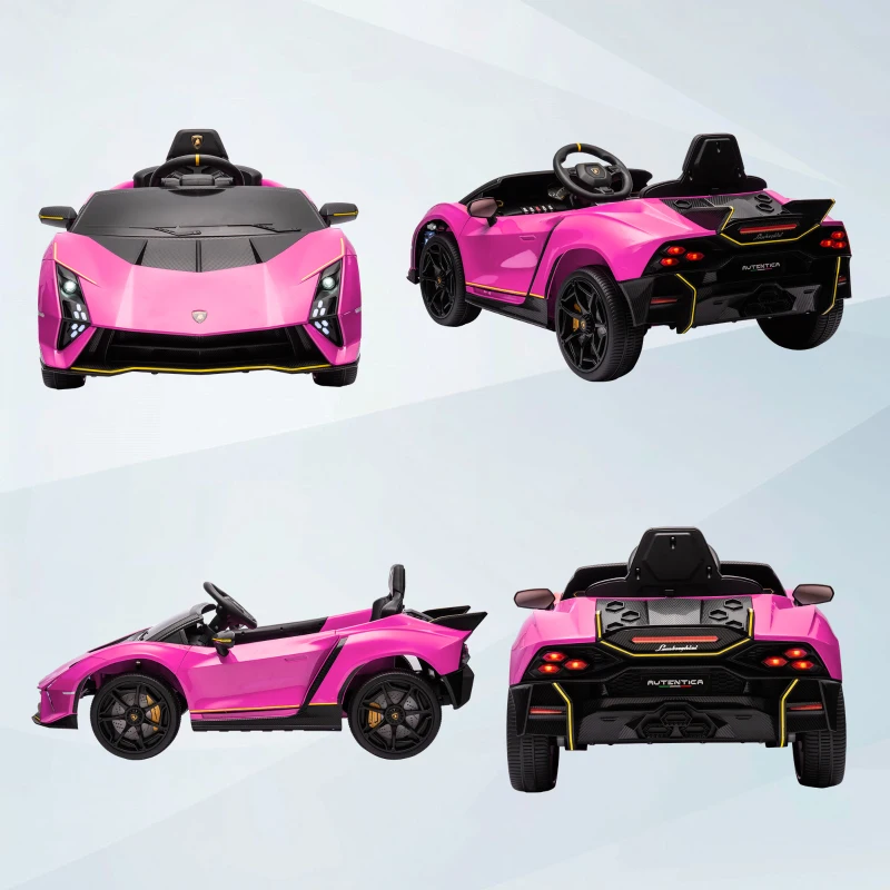 AIYAPLAY Mașină Electrică pentru Copii 3-6 Ani 12V Lamborghini Autentica, 2 Motoare, Uși Tip Foarfecă, Suspensii, Roz