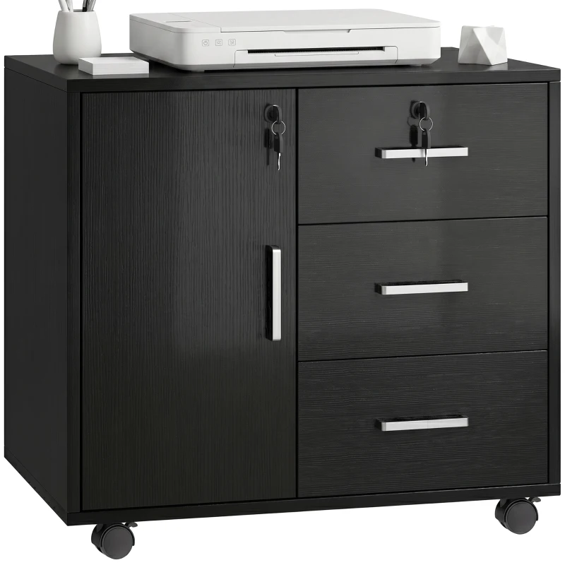 HOMCOM Caisson bureau meuble de rangement verrouillable avec 3 tiroirs et étagère réglable, roulettes, 40 x 60 x 56 cm, noir