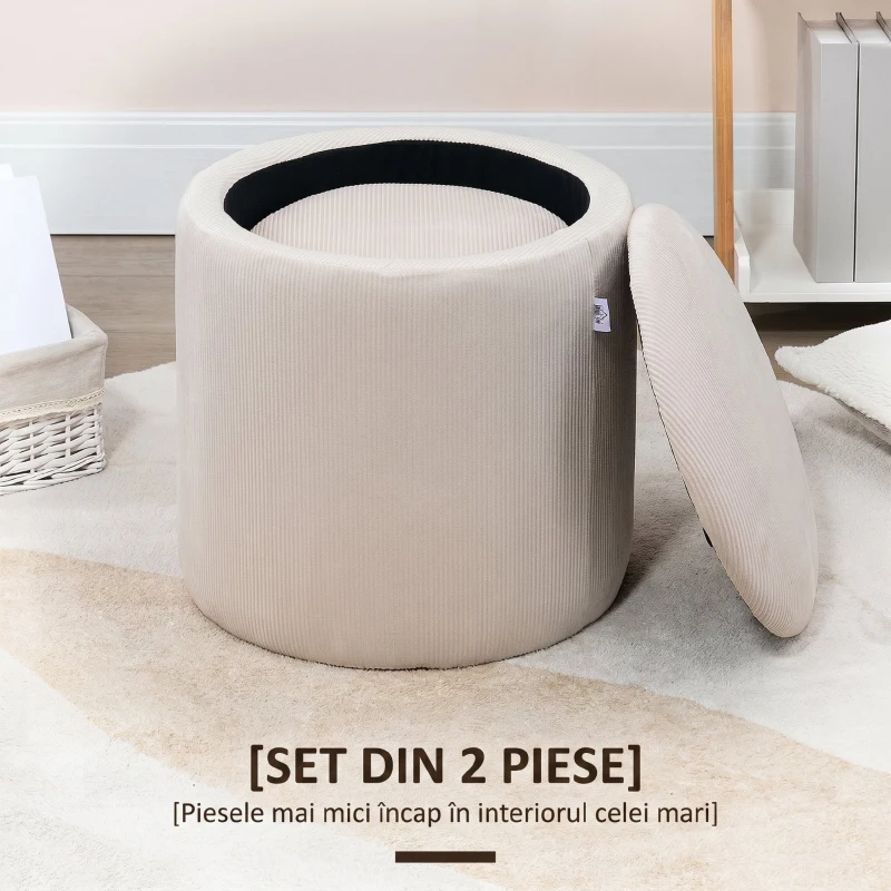 HOMCOM Set de 2 Taburete Rotunde cu Spațiu de Depozitare, Tapițate cu Catifea Fină, Alb