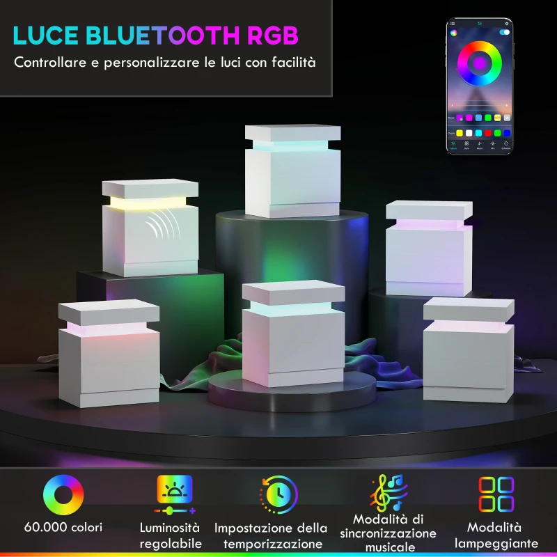 HOMCOM Comodino LED RGB con 2 cassetti, 4 Modalità di luce e 16 colori, in Legno, 45x35x52 cm, Bianco