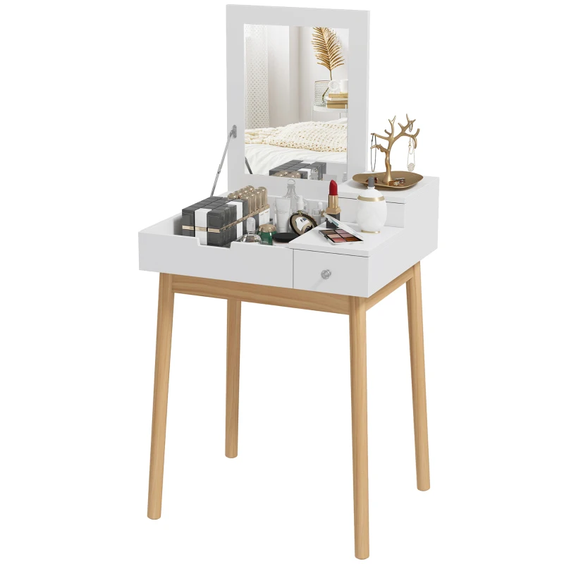 HOMCOM Schminktisch Frisiertisch Kosmetiktisch mit aufklappbarem Spiegel Holzfüße Weiß+Natur 60 x 50 x 85,5cm