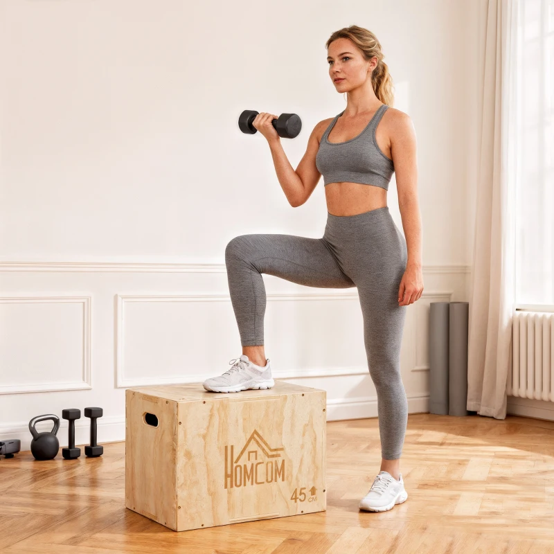 HOMCOM Plyo Box, Sprungbox aus Holz, Plyometric Plattform mit Griff für Zuhause, 45 x 40 x 60 cm, Naturholz