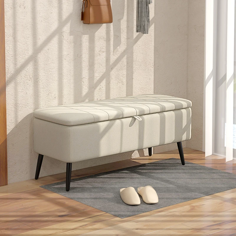 HOMCOM Sitzbank mit Stauraum Polsterbank mit Leinenoptik, Sitztruhe mit Stahlbeine 102 x 40 x 44 cm, Cremeweiß