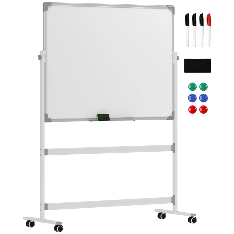 HOMCOM Tableau blanc magnétique double face effacable rotatif mobile avec support, aimants, marqueurs, gomme et roulettes
