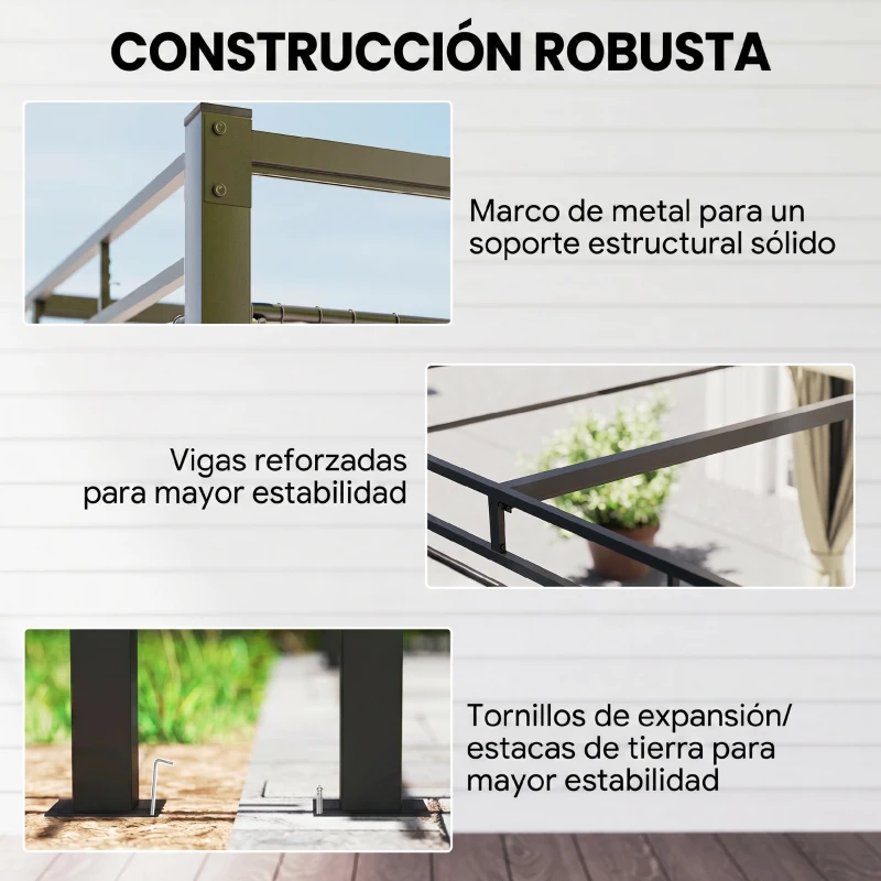 Outsunny Pérgola de Jardín 3x3 m con Techo Retráctil y Cortinas Protección UV30+ Estructura Metálica para Patio Terraza Beige