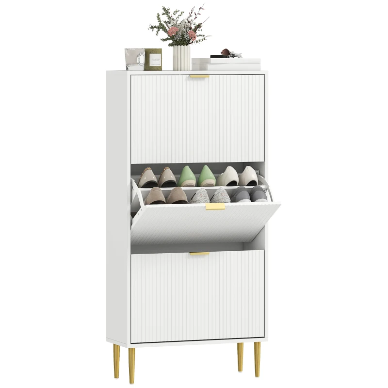 HOMCOM Meuble à chaussures 18 paires avec 3 tiroirs rabattables, portes cannelées et étagères réglables, 60x24x122,5cm, blanc