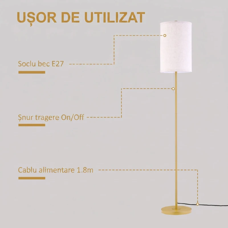 HOMCOM Lampadar cu Abajur din In și Dulie E27, In și Oțel, 25,5x25,5x157 cm, Auriu