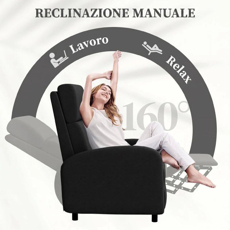 HOMCOM Poltrona Relax Reclinabile Manuale 160° con Poggiapiedi in Tessuto Effetto Lino, Nero