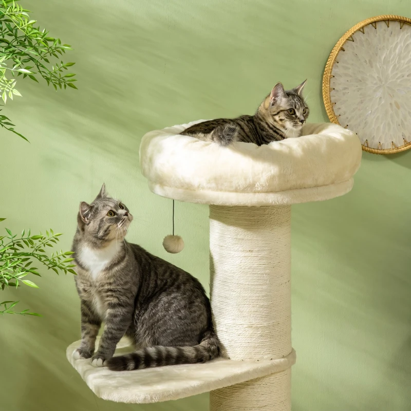 PawHut Tiragraffi per Gatti Alto 105 cm con Palo Graffiatoio in Sisal, Cestino, Pallina Sospesa, in Peluche, Beige