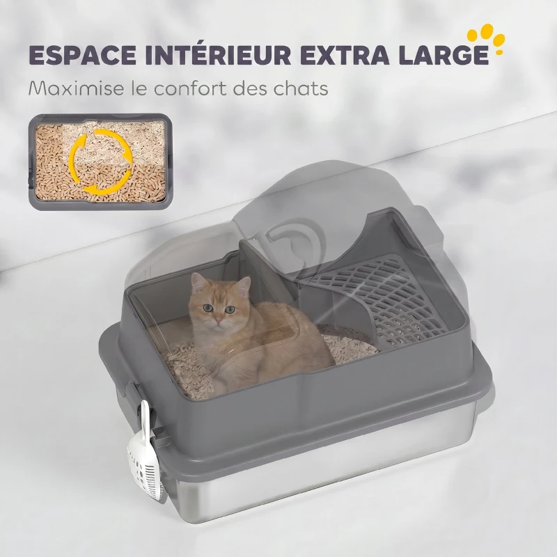 PawHut Maison de Toilette pour Chat avec Couvercle Amovible et Fermé, Côtés Hauts, 60,5x40,5x45cm, Gris Foncé