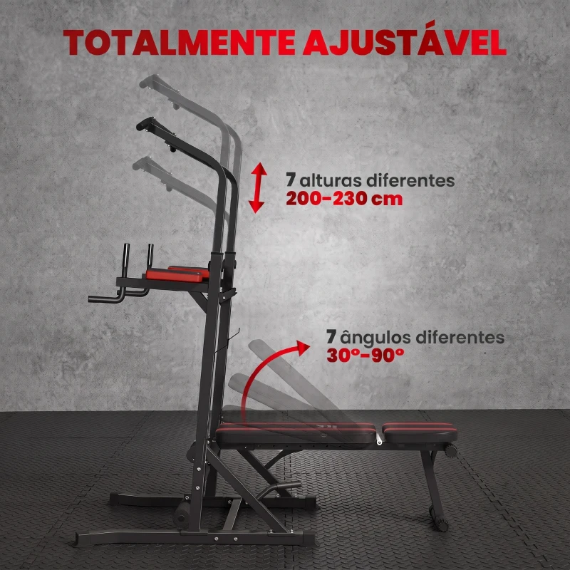 HOMCOM Estação de Musculação Dobrável com Barra de Elevações, Altura Ajustável e Banco Reclinável, Preto e Vermelho