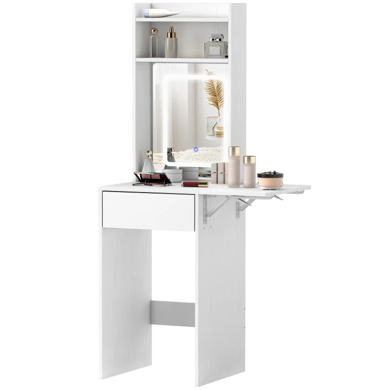 HOMCOM Compacter Make-uptafel met Spiegel en LED-verlichting, opklapbaar tafelblad, open planken, lade, MDF, Wit(m-10)