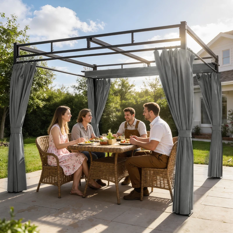Outsunny Pérgola de Jardín 3x3 m con Techo Retráctil y Cortinas Protección UV30+ Estructura Metálica para Patio Terraza Gris
