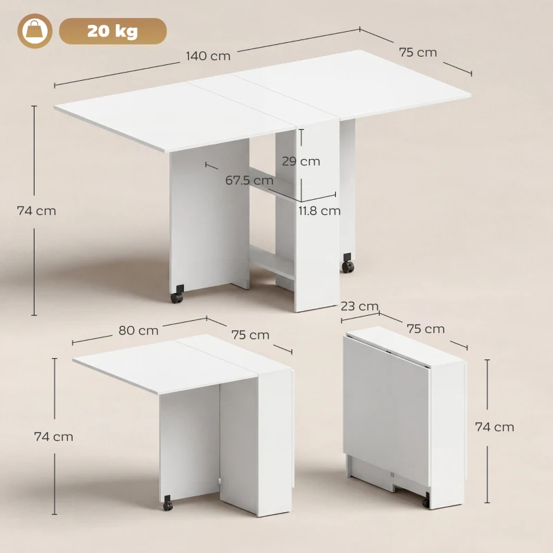 HomCom masa pliabila din lemn, cu roti, 75x140x74cm, alba | Aosom Ro