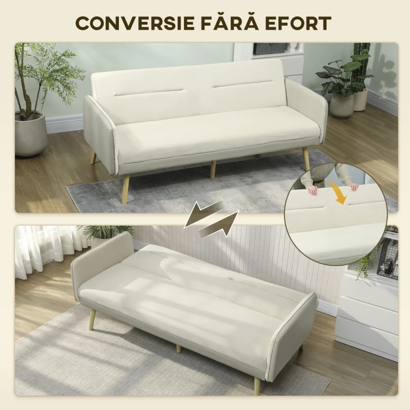 HOMCOM Canapea extensibilă 3 locuri cu spătar rabatabil și tapițerie cu efect de catifea, 185x84x83 cm, bej