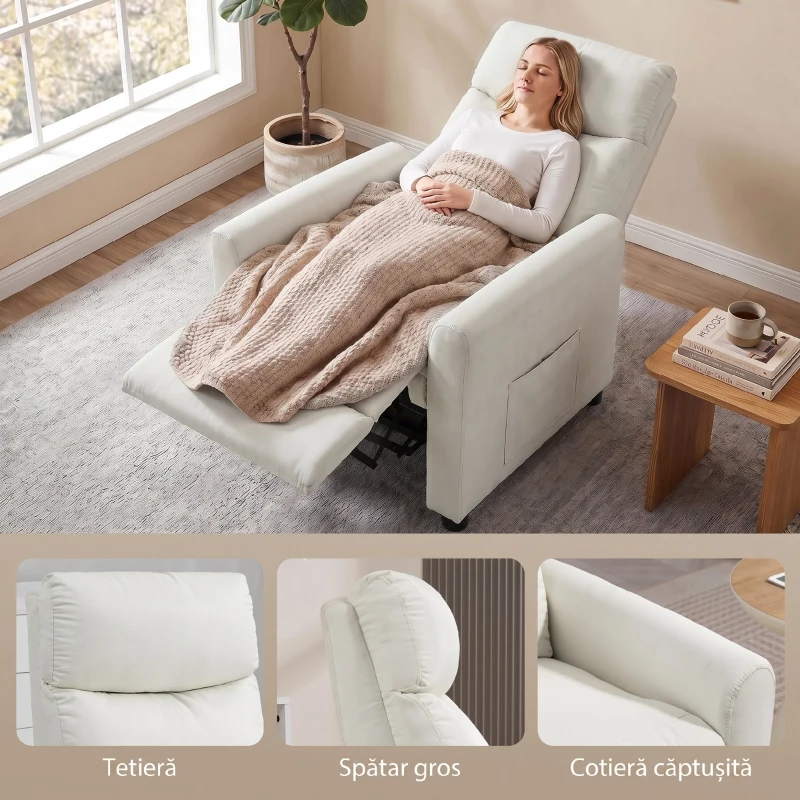 HOMCOM Fotoliu Reclinabil 135° în Material Textil cu Efect de In, Spumă, Oțel și Lemn, 73x86x100 cm, Crem