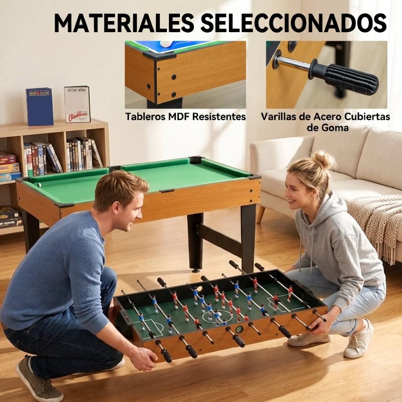 HOMCOM Mesa Multijuegos 4 en 1 con Futbolín Billar Hockey de Mesa y Ping-pong para Niños y Adultos 107x61x84,5 cm Natural
