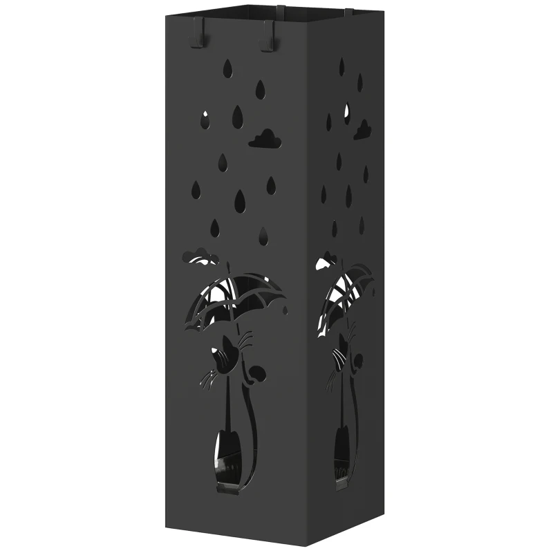 HOMCOM Suport de Umbrele Pătrat din Metal pentru Intrare, Suport Autoportant cu Tavă Detașabilă și 4 Cârlige, pentru Interior și Exterior, 15.5x15.5x49 cm, Negru