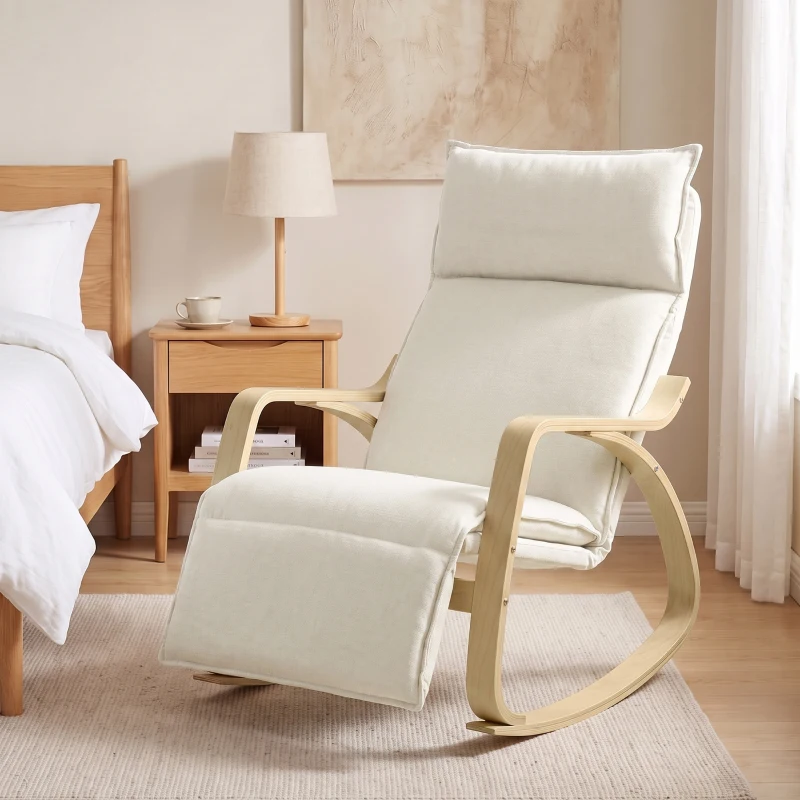 HOMCOM Fotoliu balansoar cu aspect de in, cu suport pentru picioare reglabil în 5 trepte și aspect de in, pentru living, alb crem