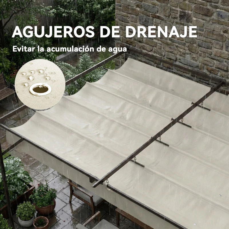 Outsunny Pérgola de Pared de Jardín 4x3 m con Techo Retráctil Protección UPF30+ Drenaje Cenador de Jardín para Exterior Crema