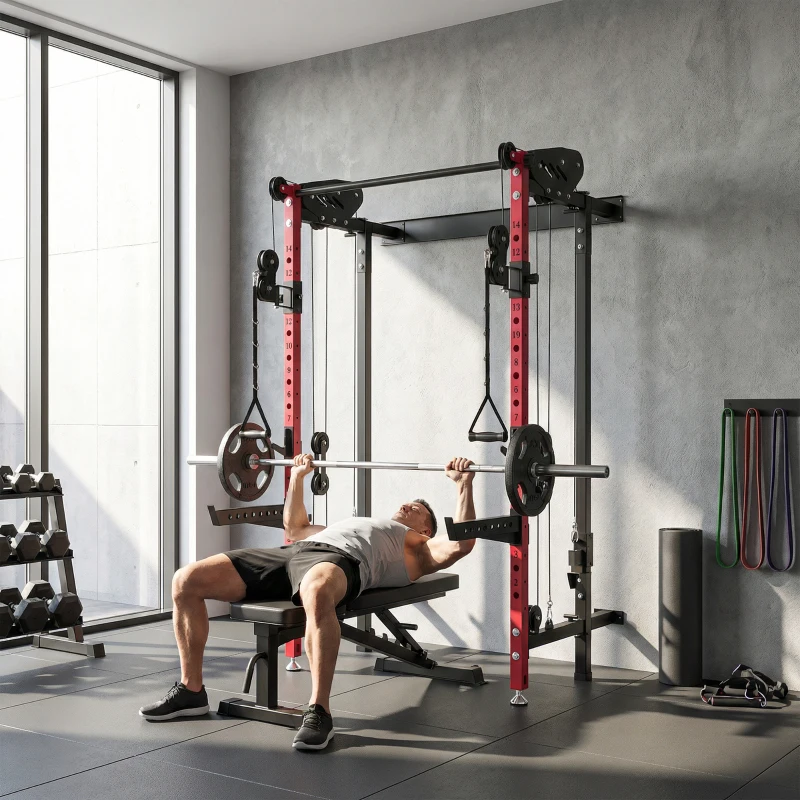 SPORTNOW Station de Musculation Pliable 700 kg Hauteurs Réglables avec Poulies Doubles, Supports de Barre, 184x123x209cm, Rouge