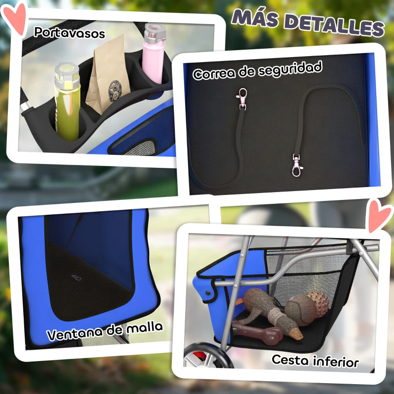 PawHut Carrito para Perros Pequeños con Cesta de Almacenaje Portavasos Ruedas y Cojín Lavable 77x44x102 cm Azul