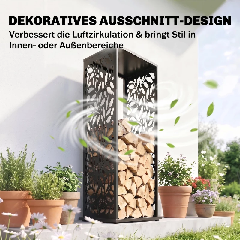Outsunny aminholzregal 38 x 38 x 112cm erhöhtes Brennholzregal mit 4 Haken Dekorative Aussparungen bis 100 kg Stahl
