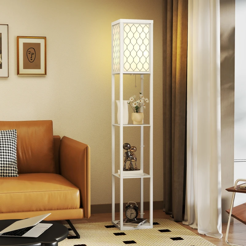 HOMCOM Stehlampe mit Regal, 3 Fächer, kompakte Maße, MDF, Weiß