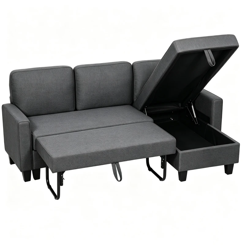 HOMCOM Ecksofa mit Schlaffunktion und Bettkasten L-Form Schlafsofa mit Verwandelbarer Chaiselongue, für Wohnung und Wohnzimmer