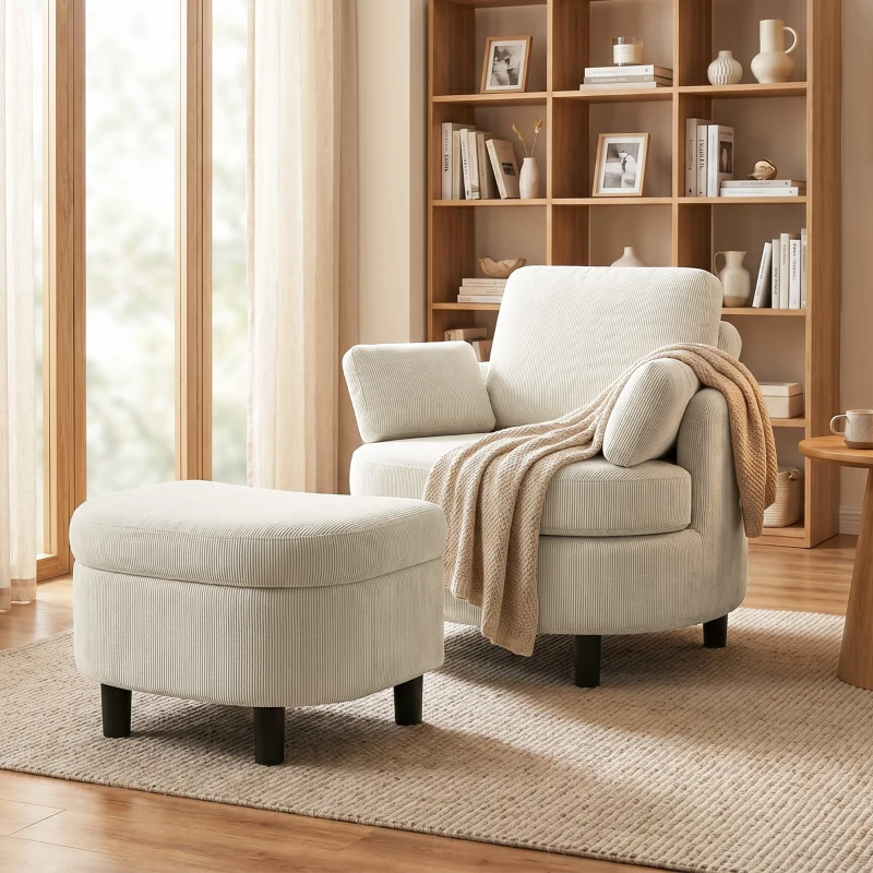 HOMCOM Fauteuil met opbergpoef, cordbekleding, omsluitende leesstoel met verstelbare hoofdsteun, brede zitting, crèmewit
