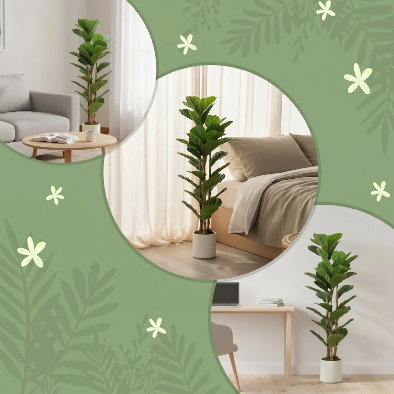 HOMCOM Lot de 2 plantes artificielles 120 cm Figuier lyre arbre artificiel avec pot en plastique et tronc en bois massif, vert
