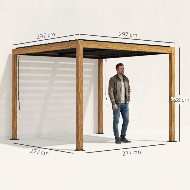 Outsunny Tuinpaviljoen met lamellendak, handkruk, aluminium/hout, 3x3m, zwart/natuur