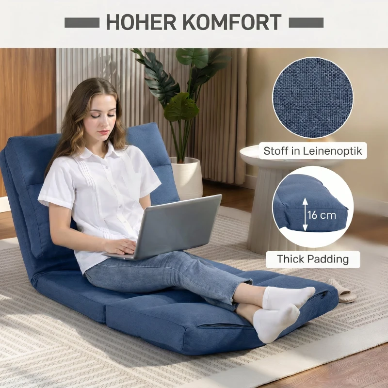 HOMCOM Sitzsack mit Bettfunktion, neigbare Lehne, klappbar, bis 120kg, 70 x 72 x 56 cm, Dunkelblau